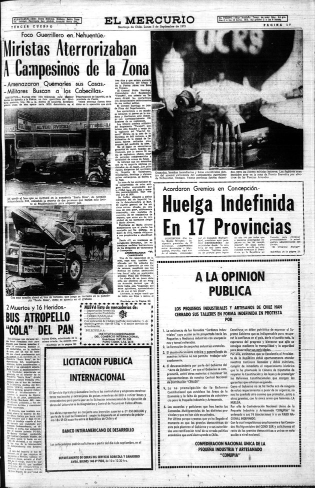 Portada El Mercurio, 3 de septiembre de 1973