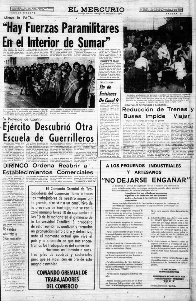 Portada El Mercurio, 9 de septiembre de 1973