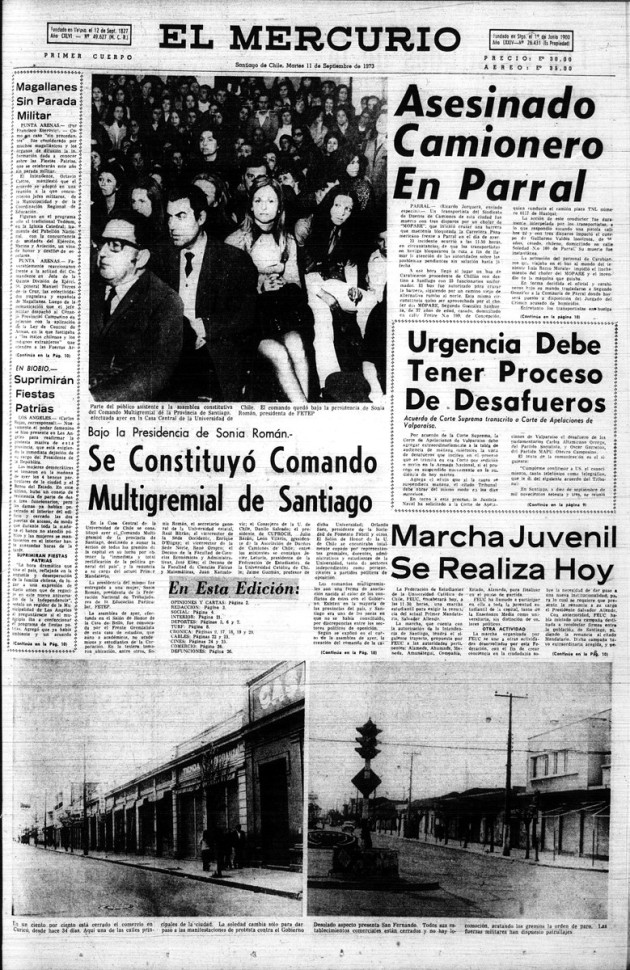 Portada El Mercurio, 11 de septiembre de 1973