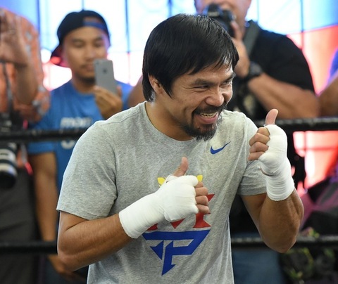 LOS ANGELES, CA - APRIL 15: Manny Pacquiao spars before a workout in preparation for his fight against Floyd Mayweather Jr. at Wild Card Boxing Club on April 15, 2015 in Los Angeles, California. (Photo by Harry How/Getty Images)