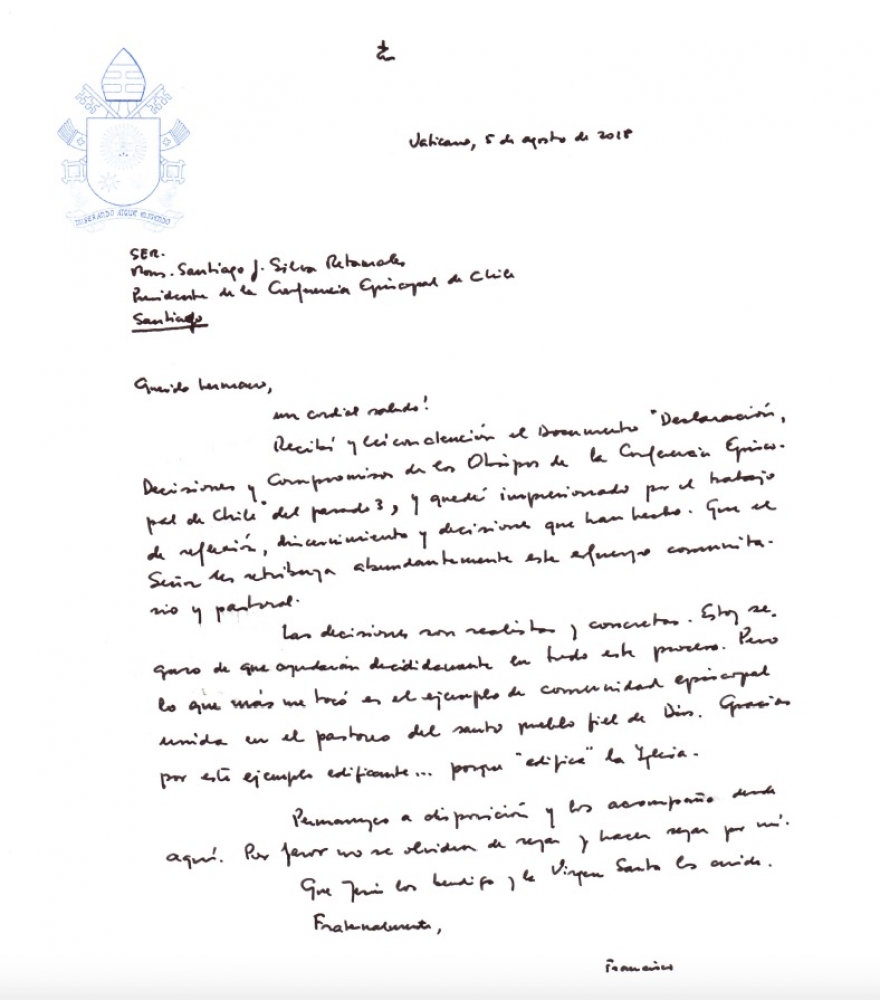 Papa Francisco envía carta de su puño y letra para 