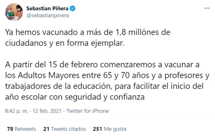 Piñera vacuna profesores