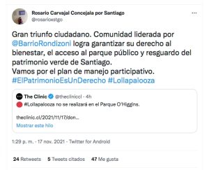 La concejal Carvajal impulsó el plebiscito que puso fin al Lollapalooza en la comuna de Santiago. TWITTER