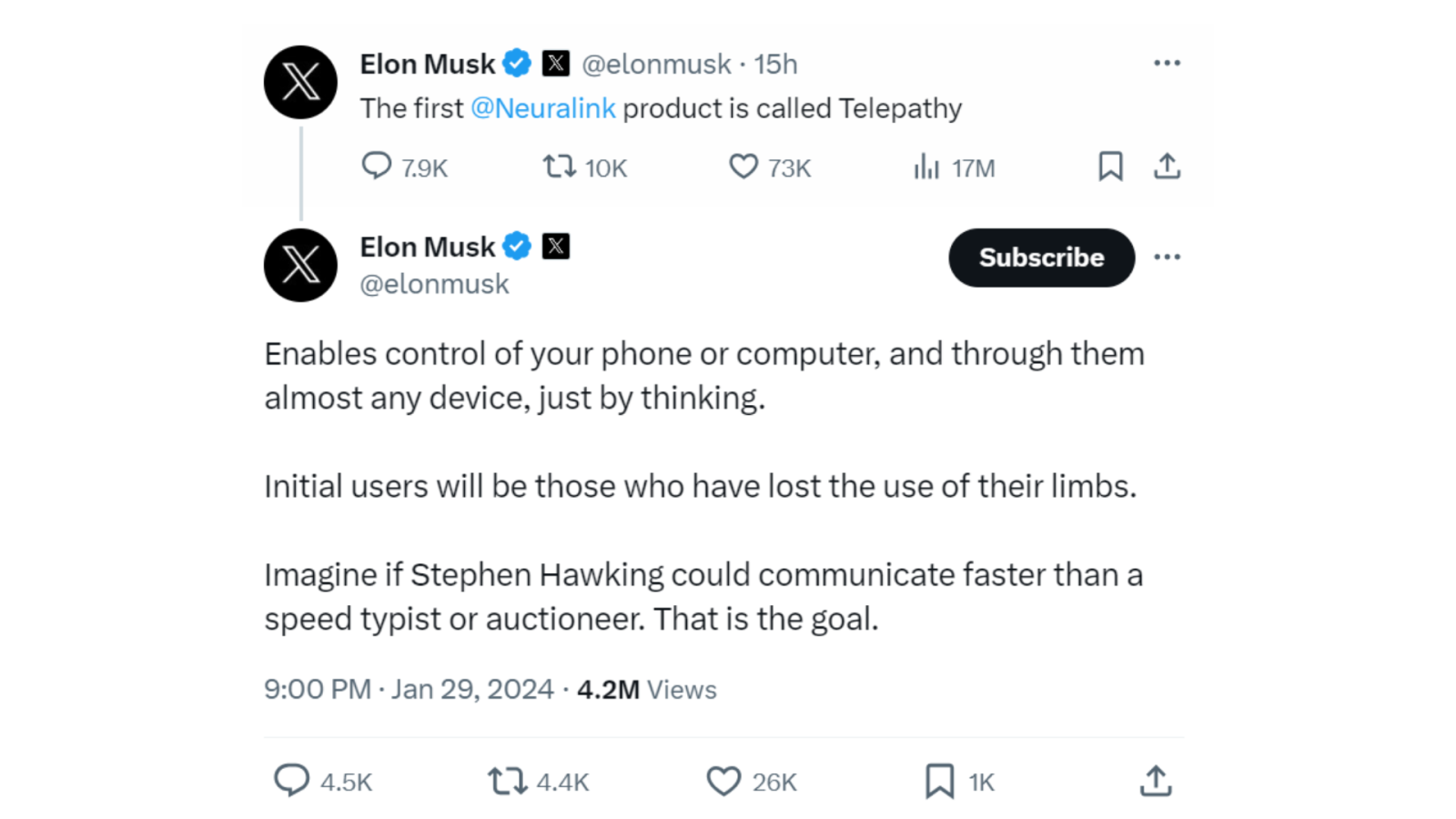 Chip cerebral, tweet de Elon Musk